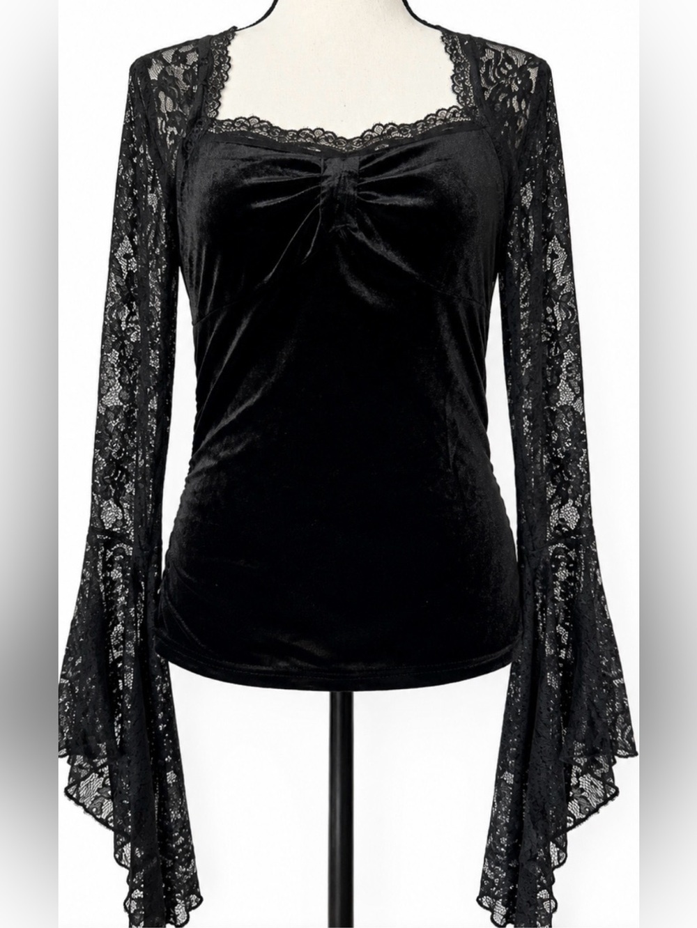 Whimsigoth Black Velvet Top Flare Bell Lace Long Sleeve Ruched Dark Fairycore L